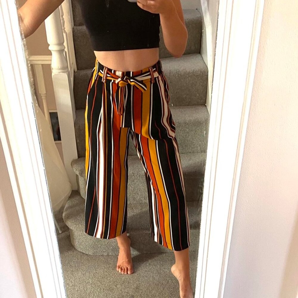 Multi-Colour Cropped Striped Wide Leg Trousers